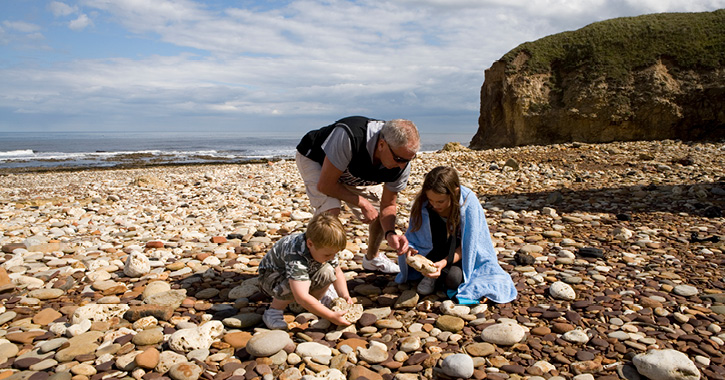 family collecting stones at Blackhall Beach